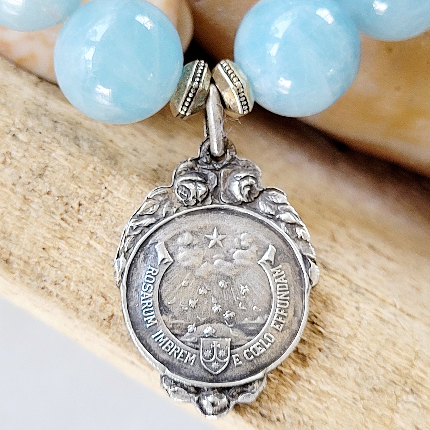 Aquamarine 12mm Beaded Bracelet w/ St. Therese of Lisieux Signed Silver Medal with Rose Accent