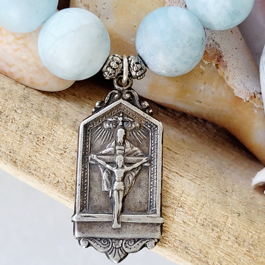 Aquamarine Matte 16mm Beaded Bracelet w/ Sterling Silver Crucifix Holy Trinity 50 Days Indulgence - Afterlife Jewelry Designs