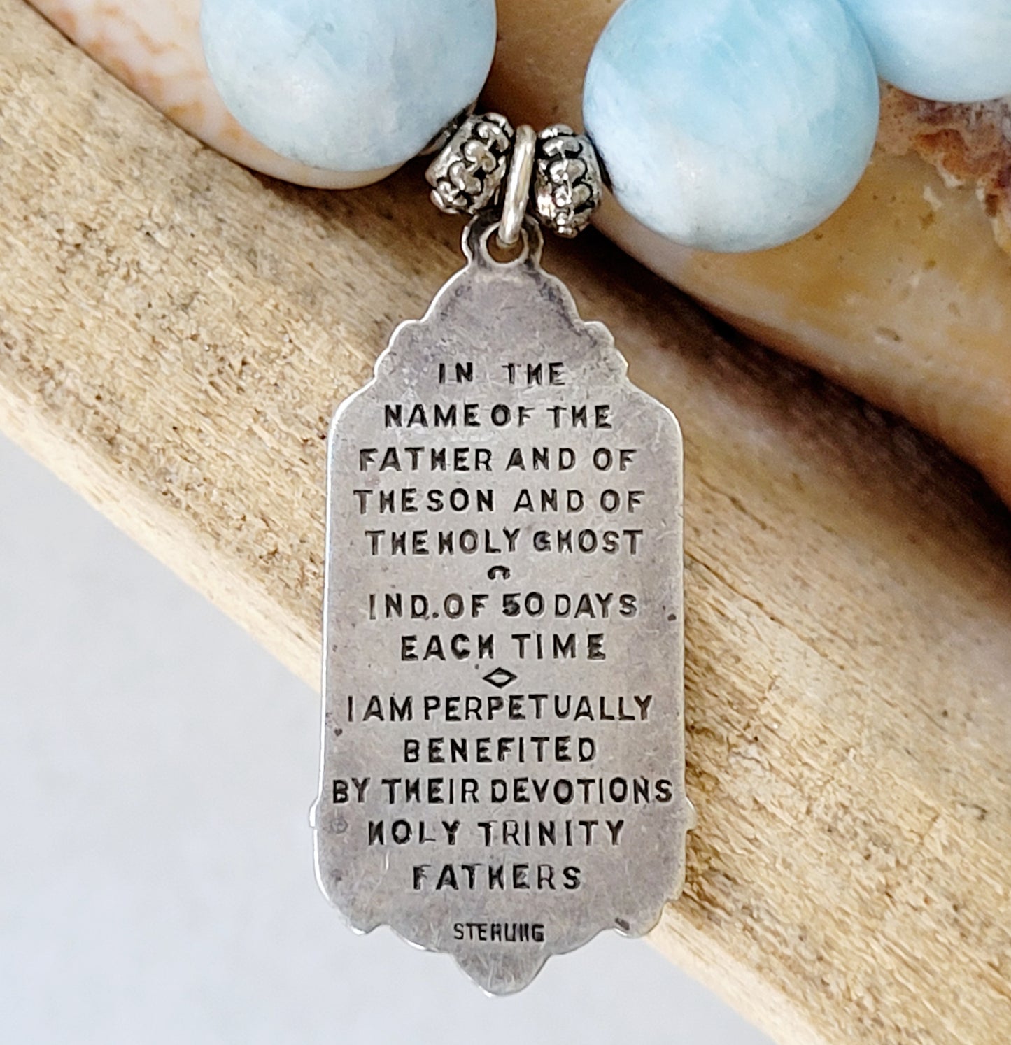 Aquamarine Matte 16mm Beaded Bracelet w/ Sterling Silver Crucifix Holy Trinity 50 Days Indulgence - Afterlife Jewelry Designs
