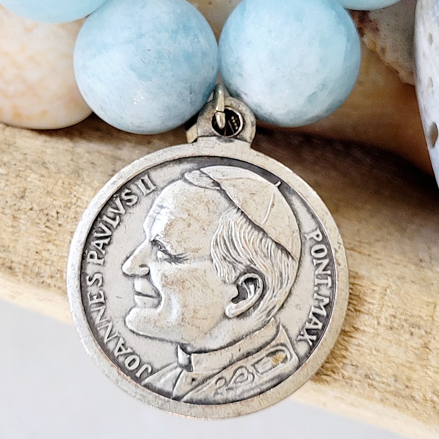 Aquamarine Matte 16mm Beaded Bracelet w/ Our Lady of Czestochowa + Pope St. John Paul II Medal