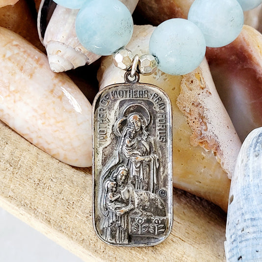 Aquamarine Matte 16mm Beaded Bracelet w/ Mary Mother of Mothers Pray for Us Silver Medal