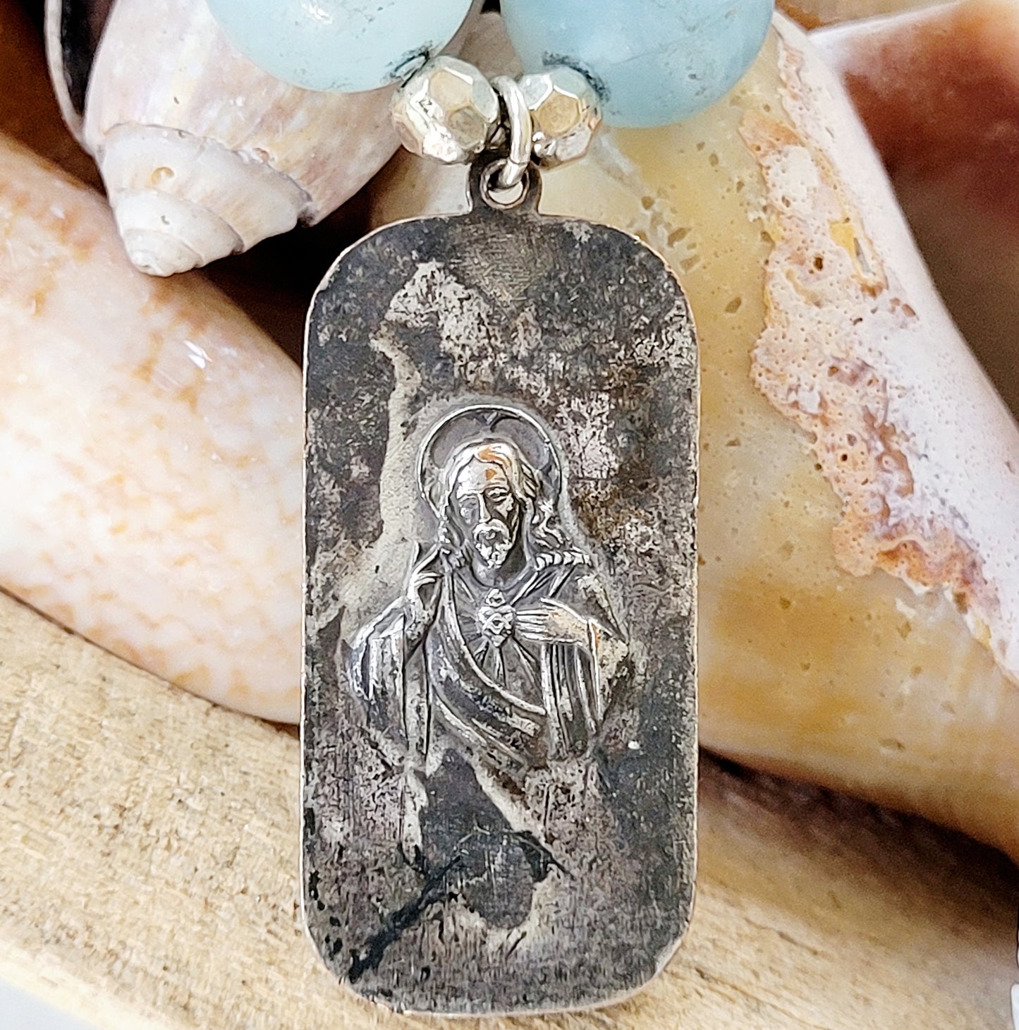 Aquamarine Matte 16mm Beaded Bracelet w/ Mary Mother of Mothers Pray for Us Silver Medal