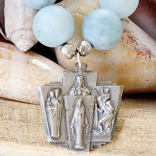 Aquamarine Matte 16mm Beaded Bracelet w/ Silver Four Way Cross + St. Jude / Miraculous Medal