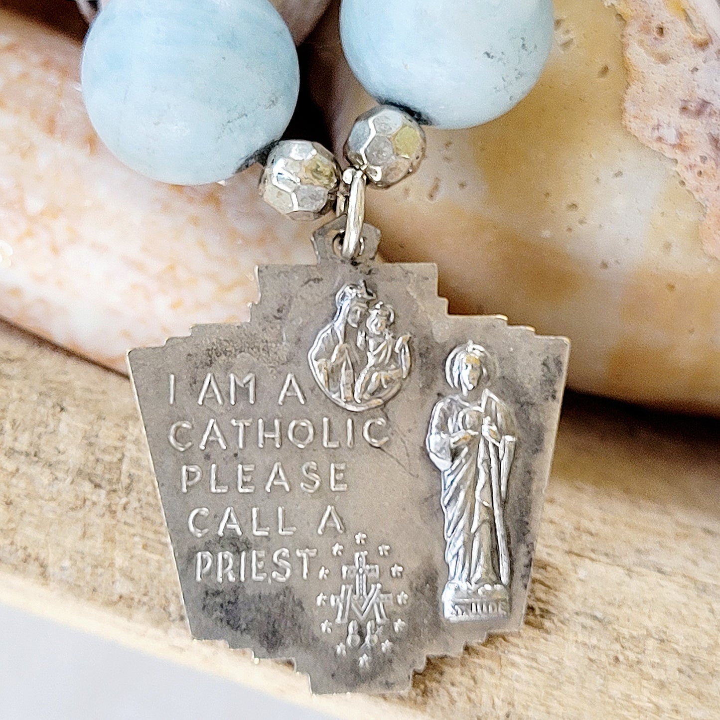 Aquamarine Matte 16mm Beaded Bracelet w/ Silver Four Way Cross + St. Jude / Miraculous Medal