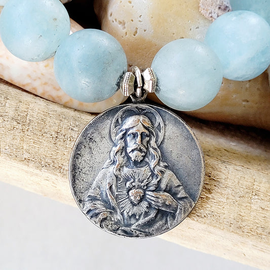 Aquamarine Matte 16mm Beaded Bracelet w/ 1930 Catholic Church Extension Society Silver Anniversary Heart Of Jesus Medal