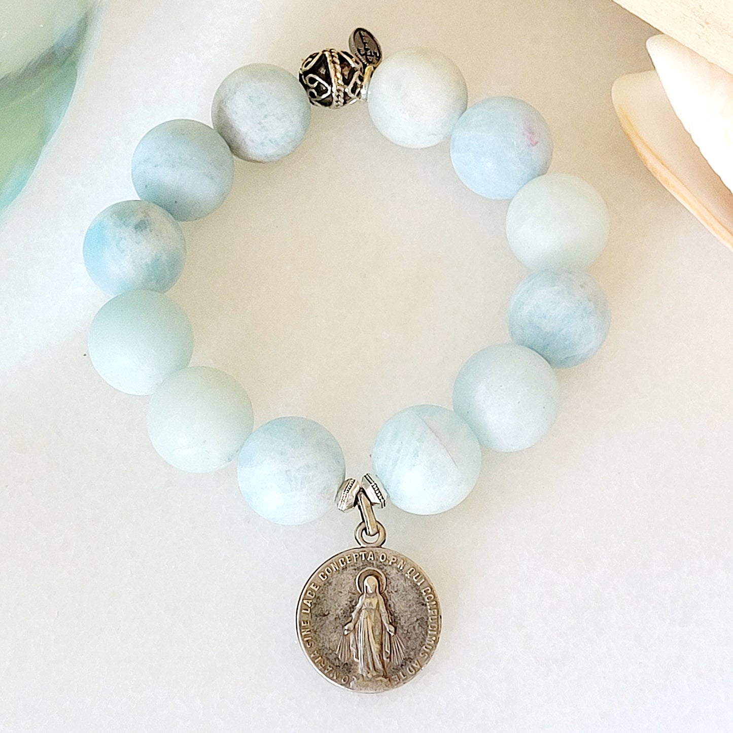 Aquamarine Matte 16mm Beaded Bracelet w/ Silver Miraculous Medal of Mary