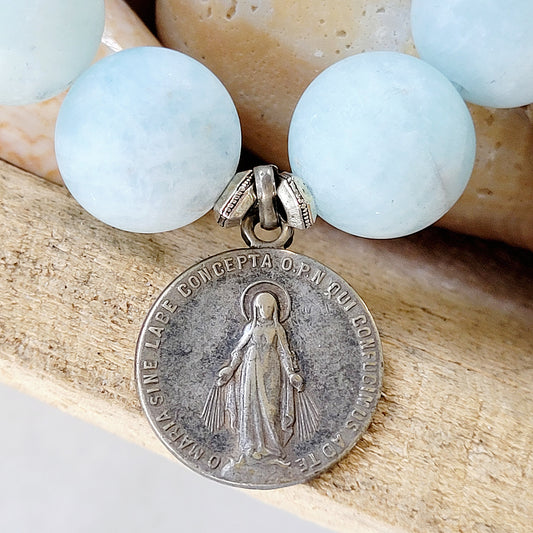 Aquamarine Matte 16mm Beaded Bracelet w/ Silver Miraculous Medal of Mary