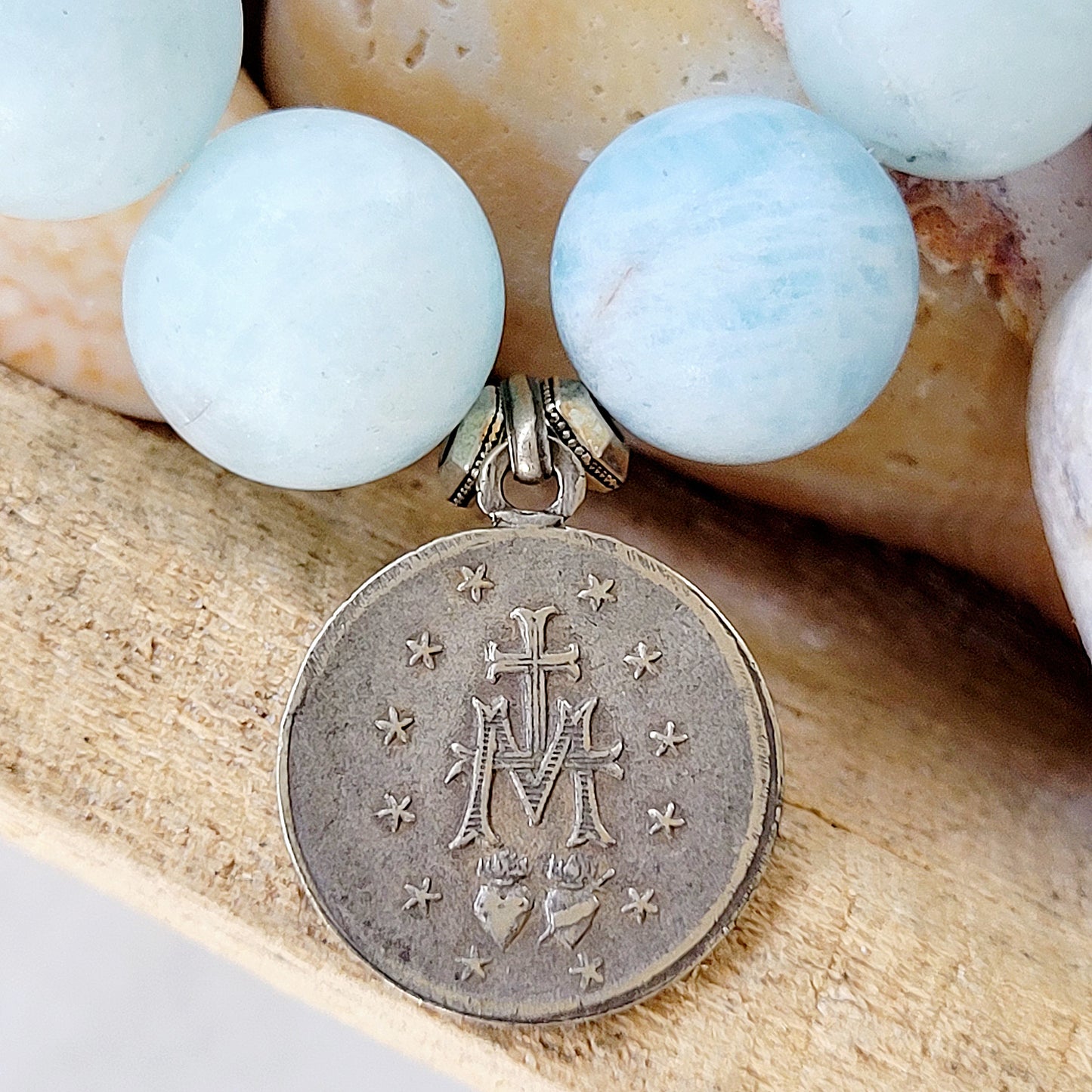 Aquamarine Matte 16mm Beaded Bracelet w/ Silver Miraculous Medal of Mary