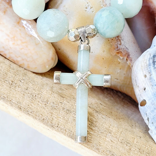 Aquamarine Natural Faceted 14mm Beaded Bracelet w/ Sterling Silver Jade Cross