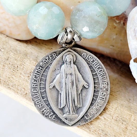 Aquamarine Natural Faceted 14mm Beaded Bracelet w/ Blessed Mother Mary + Dormans Memorial Chapel Silver Medal