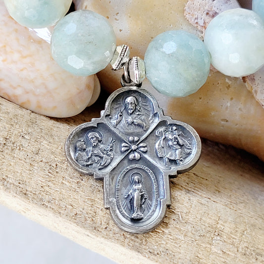 Aquamarine Natural Faceted 14mm Beaded Bracelet w/ Sterling Silver Four-Way Cross