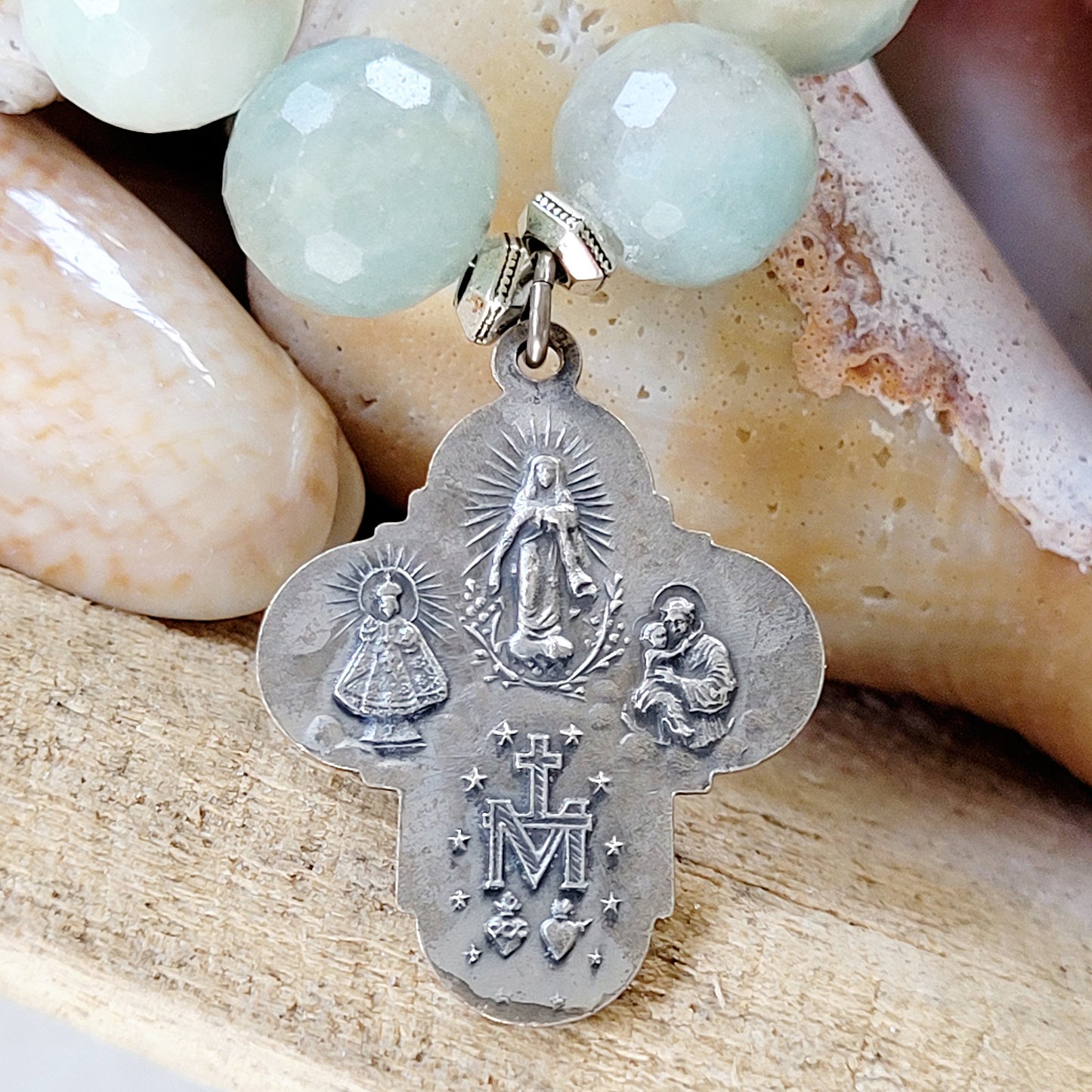 Aquamarine Natural Faceted 14mm Beaded Bracelet w/ Sterling Silver Four-Way Cross