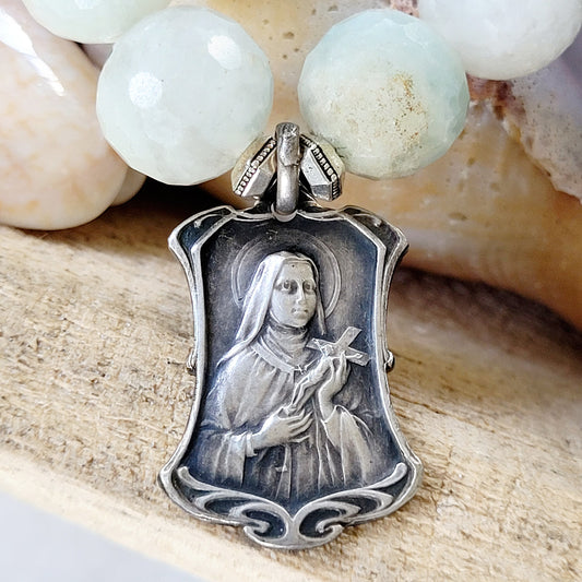 Aquamarine Natural Faceted 14mm Beaded Bracelet w/ St. Therese of Lisieux Silver Medal + Sacred Heart of Jesus - Afterlife Jewelry Designs