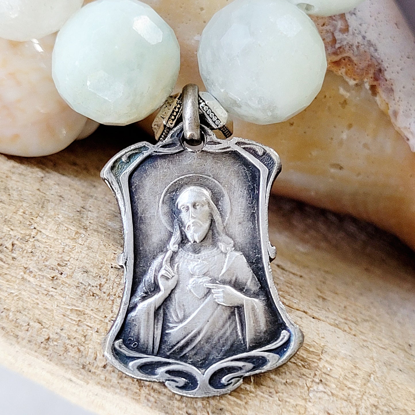 Aquamarine Natural Faceted 14mm Beaded Bracelet w/ St. Therese of Lisieux Silver Medal + Sacred Heart of Jesus - Afterlife Jewelry Designs
