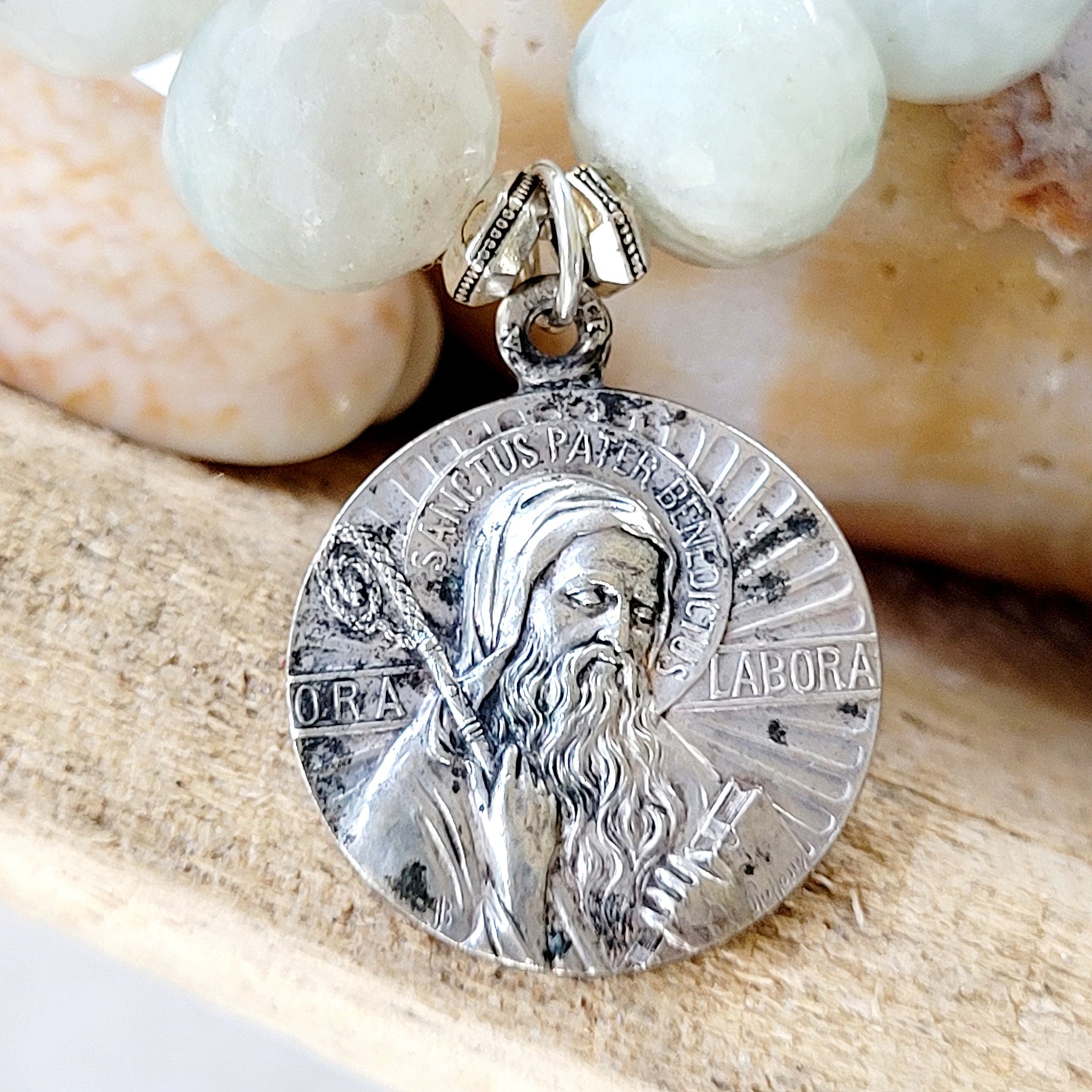 Aquamarine Natural Faceted 14mm Beaded Bracelet w/ St. Benedict Sterling Silver Cross Medal