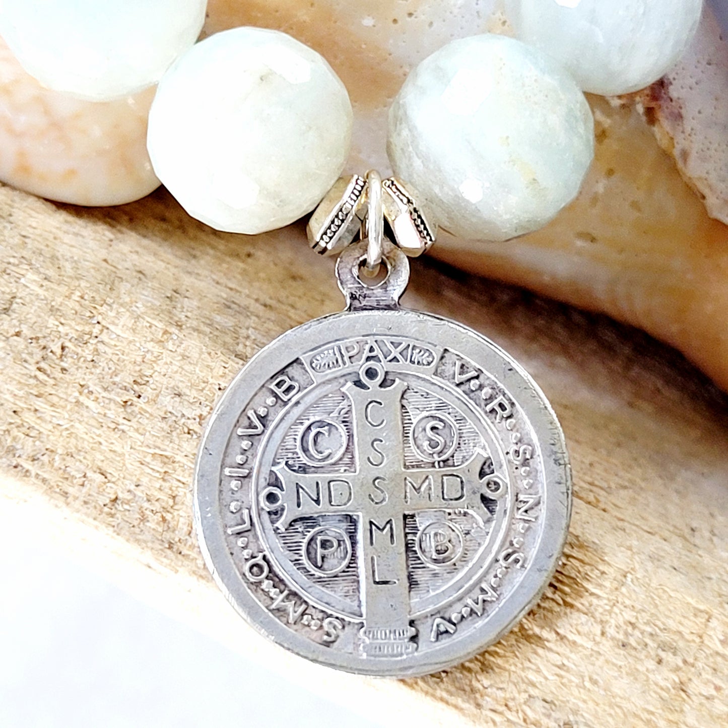 Aquamarine Natural Faceted 14mm Beaded Bracelet w/ St. Benedict Sterling Silver Cross Medal