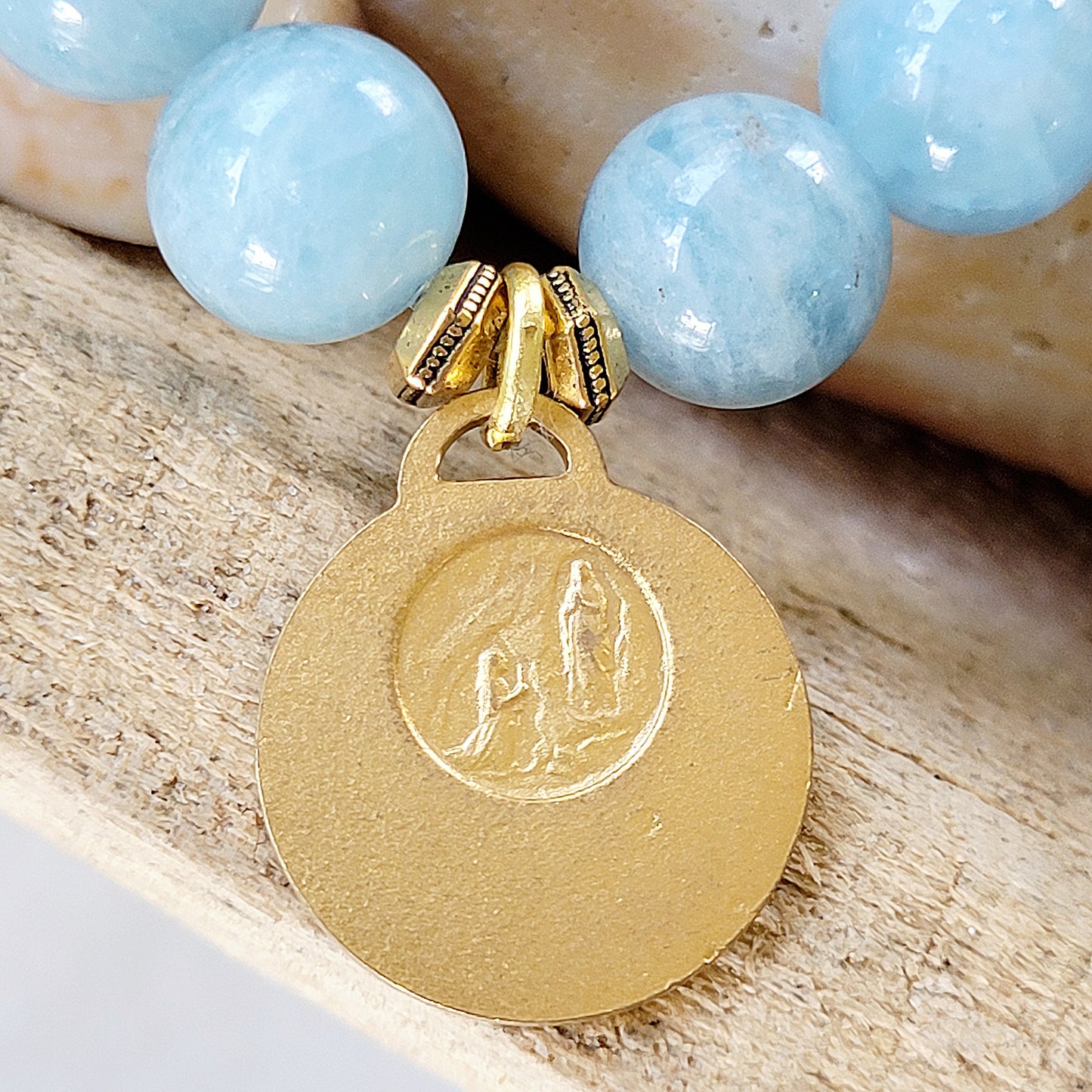 Aquamarine 12mm Beaded Bracelet w/ Our Lady of Lourdes Gold-Plated Medal