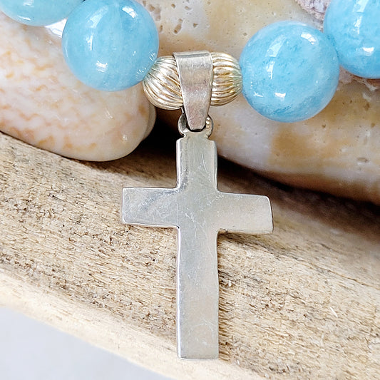Aquamarine 12mm Beaded Bracelet w/ Sterling Silver Simple Cross - Afterlife Jewelry Designs
