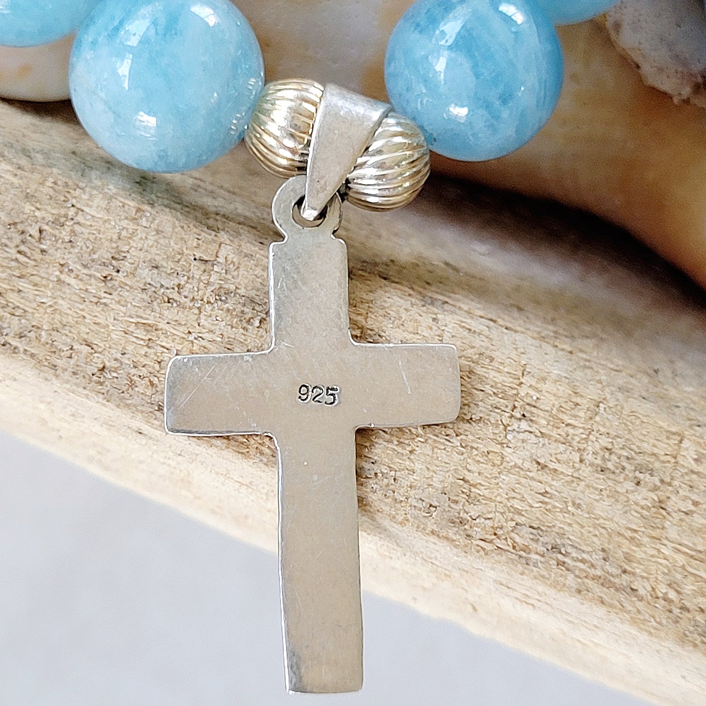 Aquamarine 12mm Beaded Bracelet w/ Sterling Silver Simple Cross - Afterlife Jewelry Designs