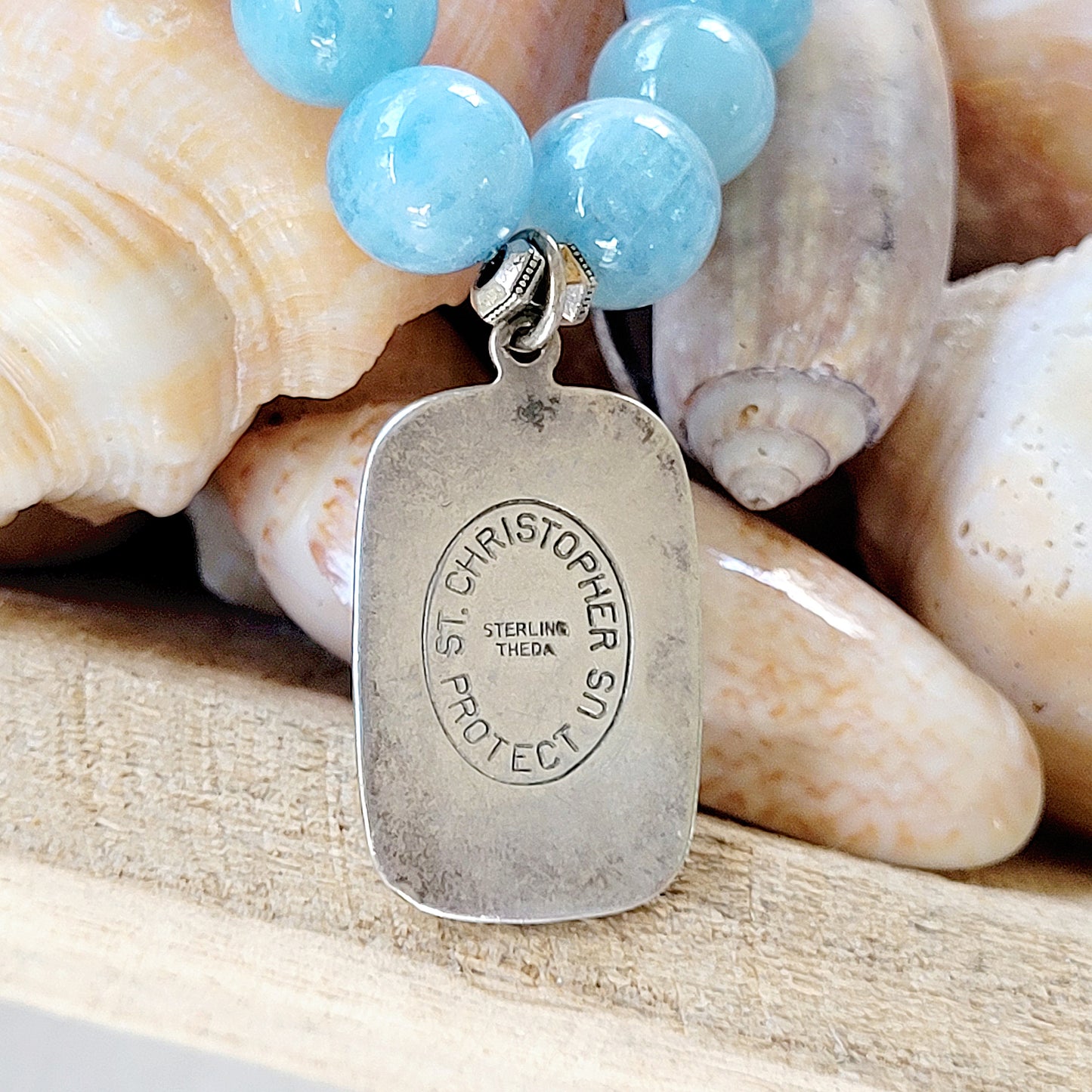 Aquamarine 12mm Beaded Bracelet w/ Sterling Silver St. Christopher Carrying Infant Jesus Medal