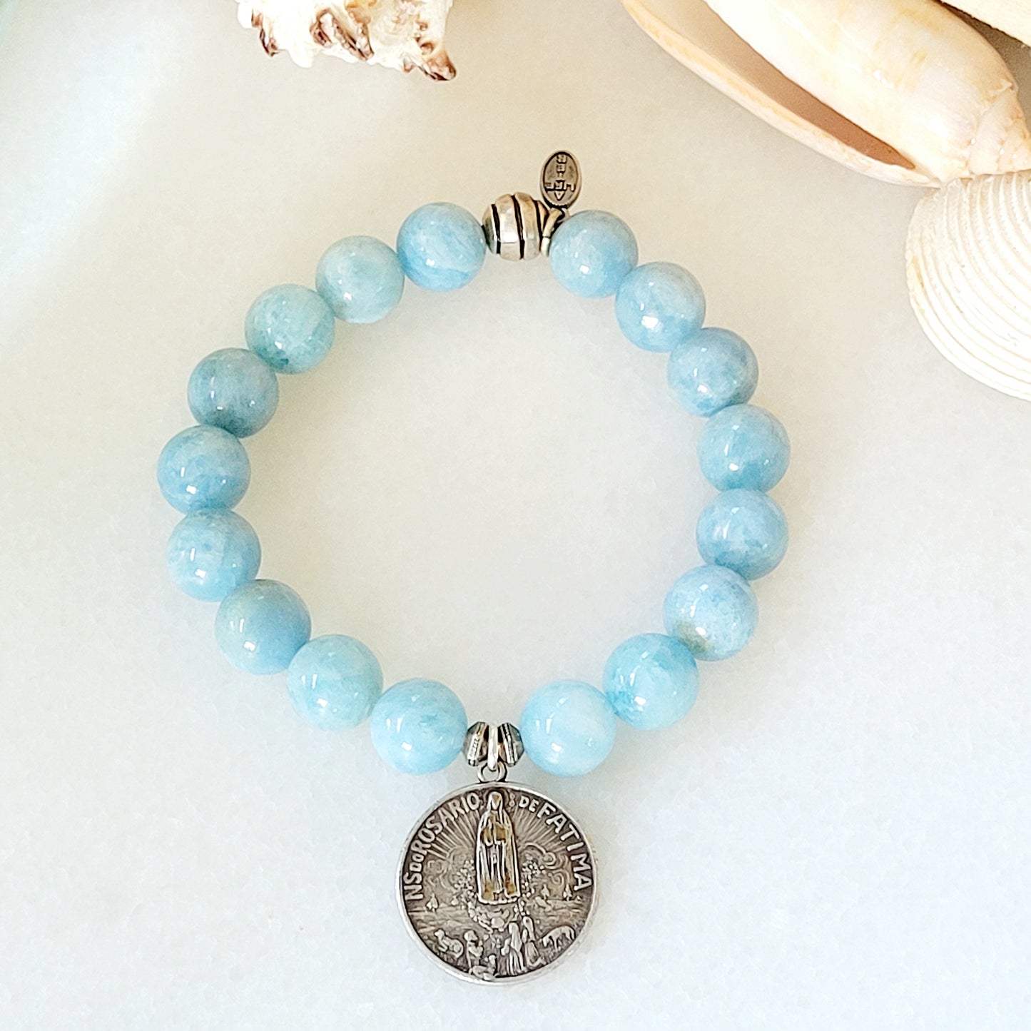 Aquamarine 12mm Beaded Bracelet w/ Our Lady of Fatima + Sacred Heart of Jesus Silver Medal