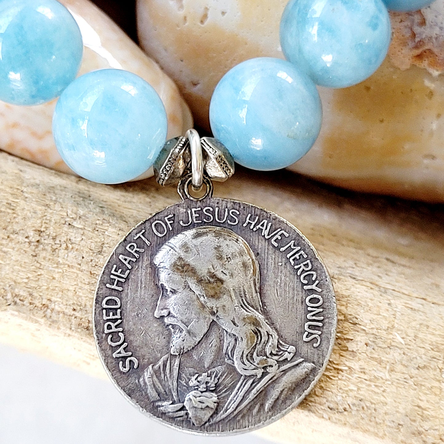Aquamarine 12mm Beaded Bracelet w/ Our Lady of Fatima + Sacred Heart of Jesus Silver Medal