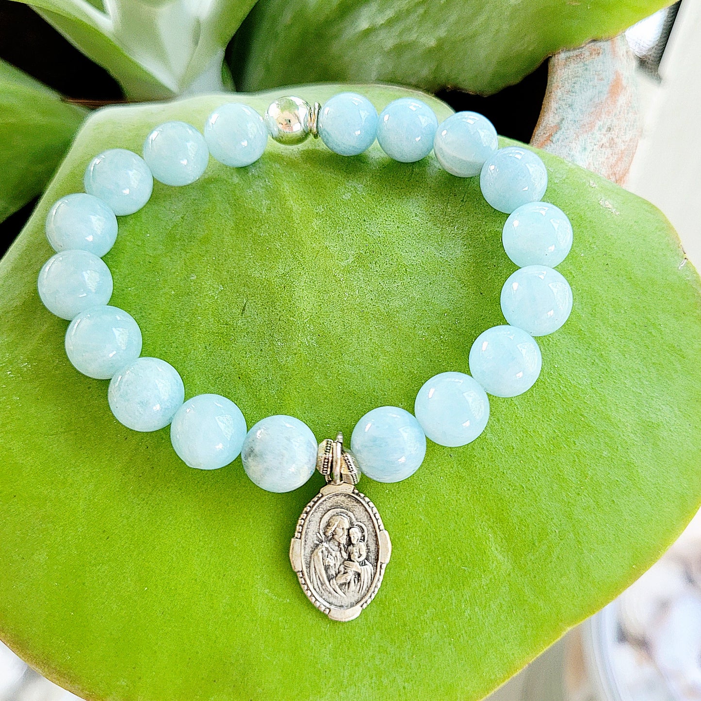 Aquamarine 12mm Beaded Bracelet w/ Silver Medal of St. Joseph w/ Child Jesus