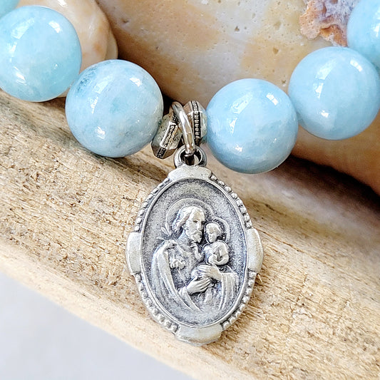 Aquamarine 12mm Beaded Bracelet w/ Silver Medal of St. Joseph w/ Child Jesus