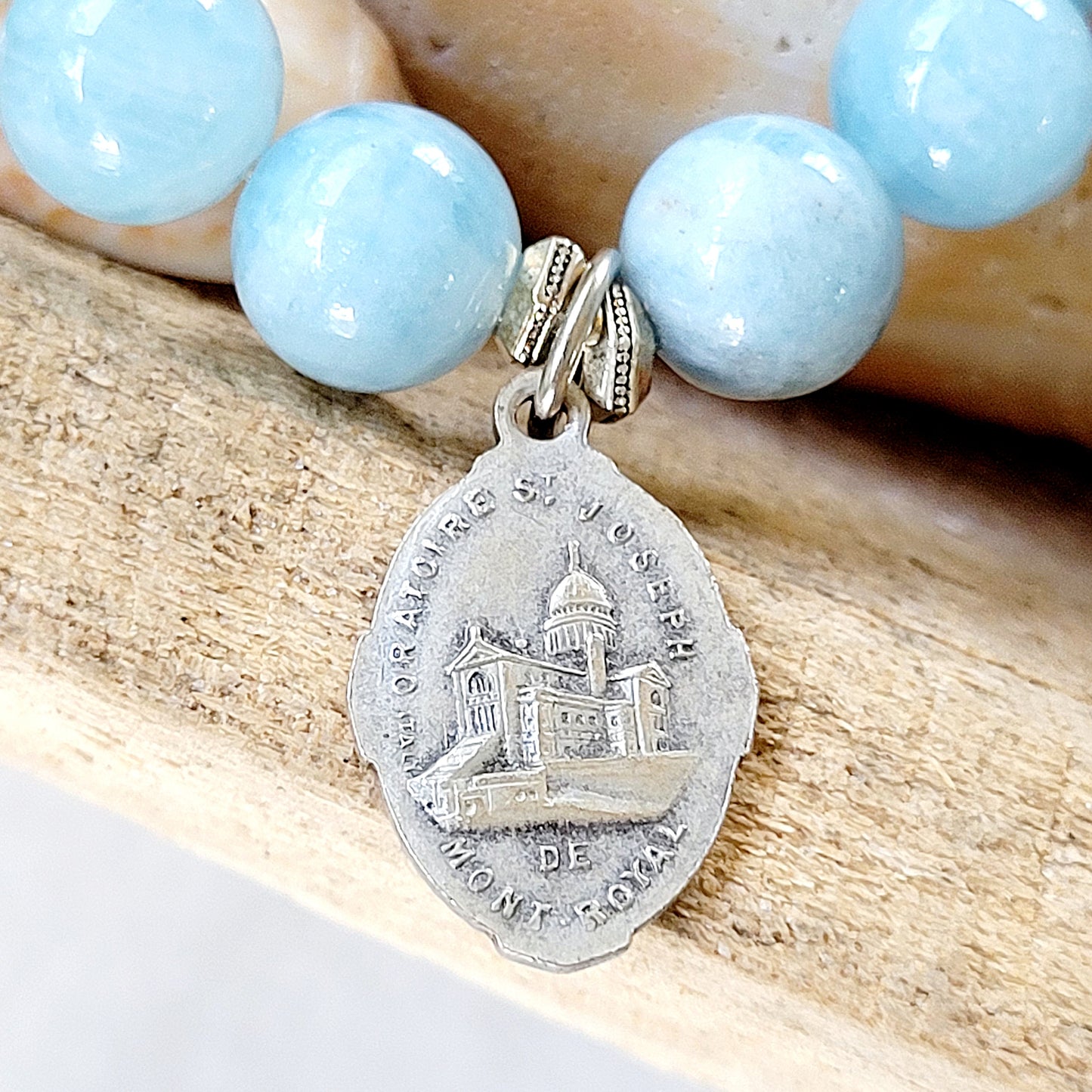 Aquamarine 12mm Beaded Bracelet w/ Silver Medal of St. Joseph w/ Child Jesus