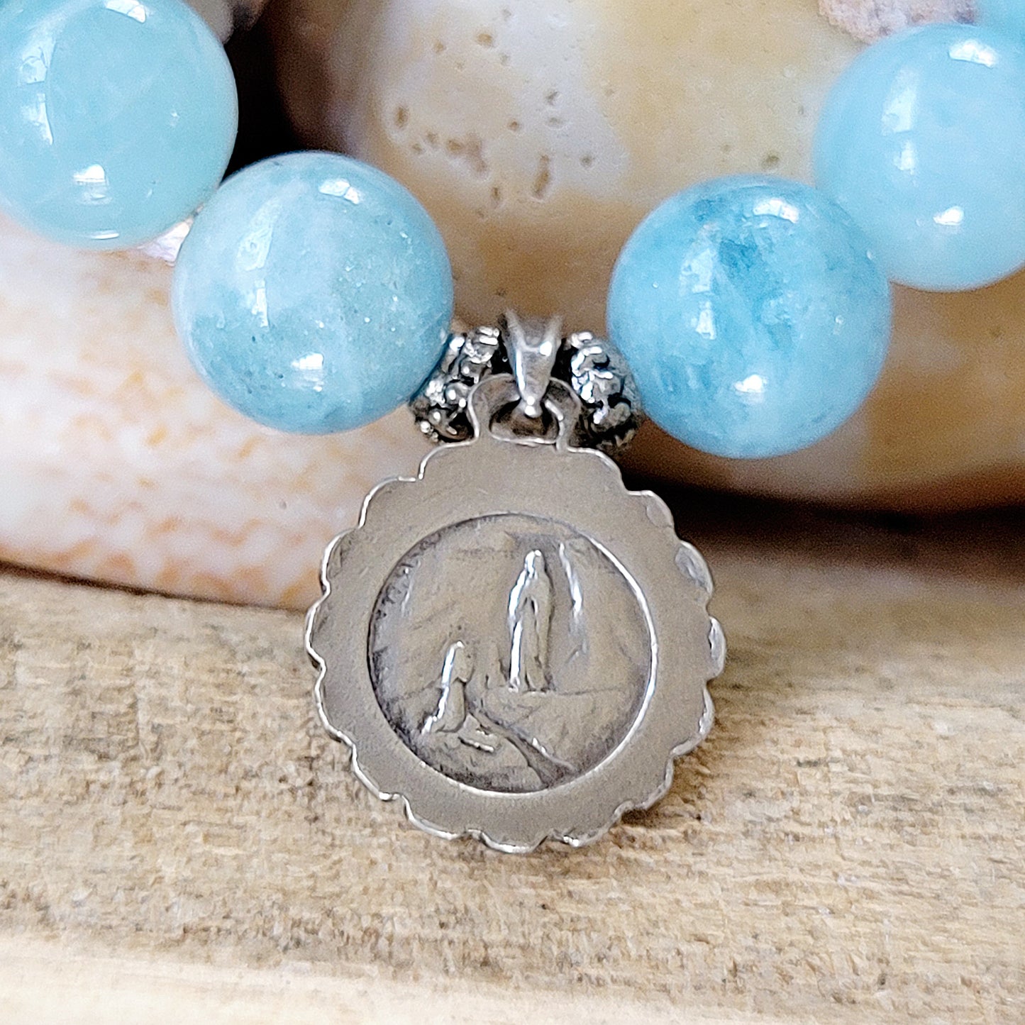 Aquamarine 12mm Beaded Bracelet w/ Sterling Silver Our Lady of Lourdes Medal with Marcasite Accent