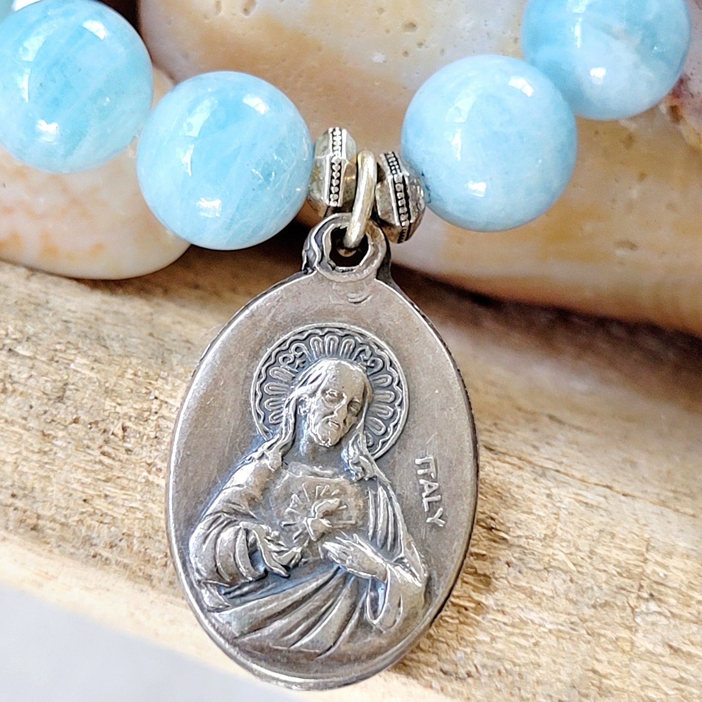 Aquamarine 12mm Beaded Bracelet w/ Silver Our Lady of Guadalupe Medal + Sacred Heart of Jesus