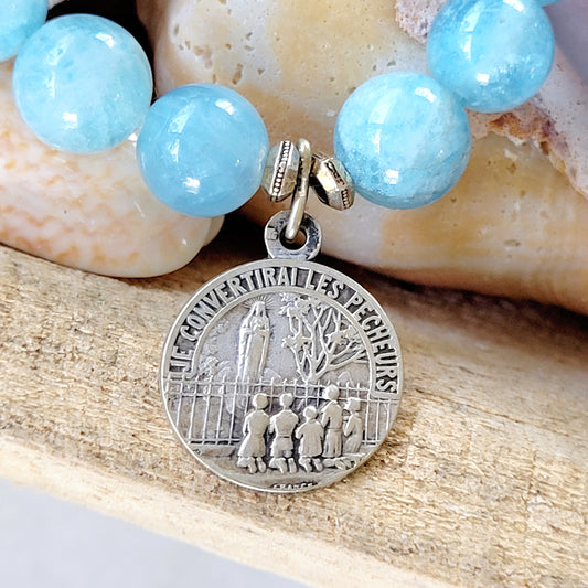 Aquamarine 12mm Beaded Bracelet w/ Vintage Silver Medal of Our Lady of Beauraing