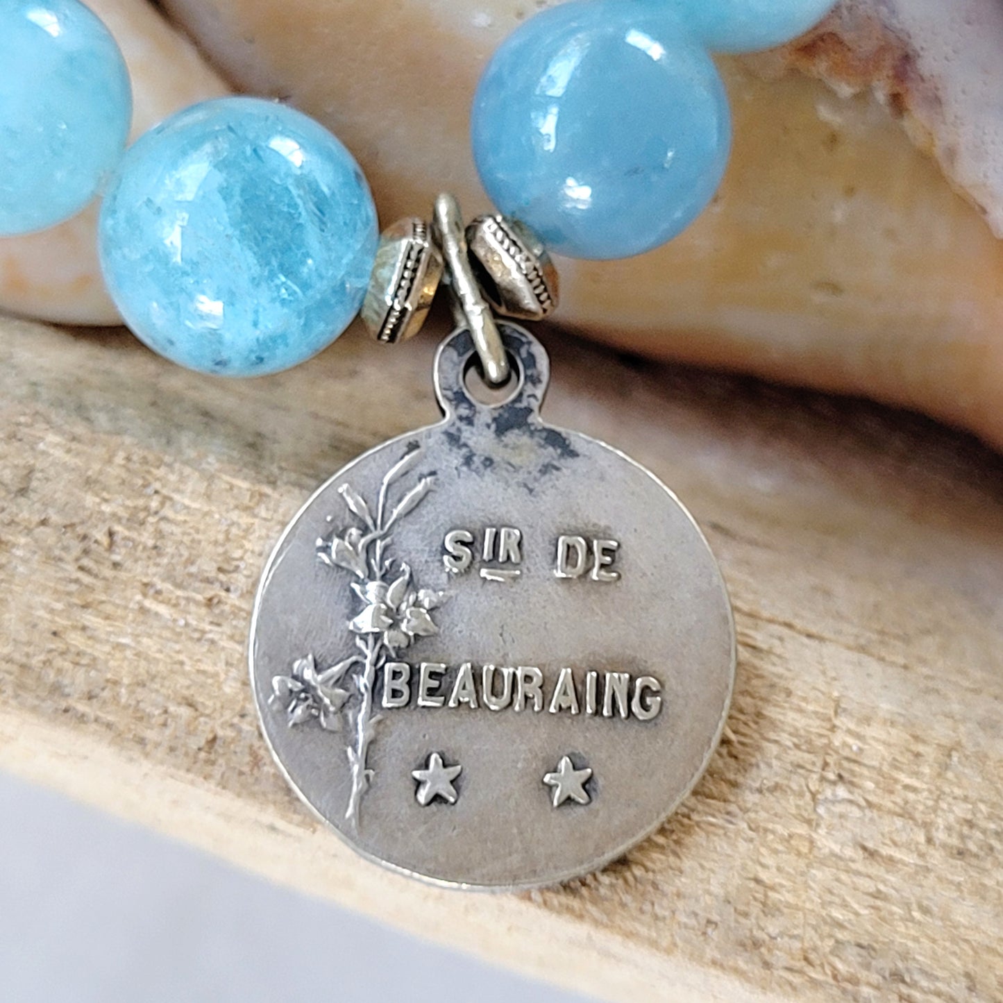 Aquamarine 12mm Beaded Bracelet w/ Vintage Silver Medal of Our Lady of Beauraing