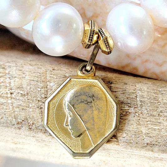 Freshwater Pearl 12mm Beaded Bracelet w/ Vintage Gold-plated Blessed Mother Mary ND de L'Iseran Medal