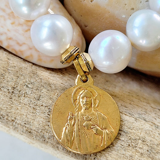 Freshwater Pearl 12mm Beaded Bracelet w/ Gold-plated Sacred Heart of Jesus + Our Lady of Mt. Carmel Medal