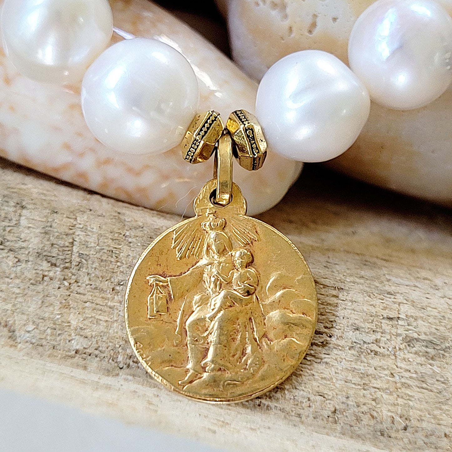 Freshwater Pearl 12mm Beaded Bracelet w/ Gold-plated Sacred Heart of Jesus + Our Lady of Mt. Carmel Medal