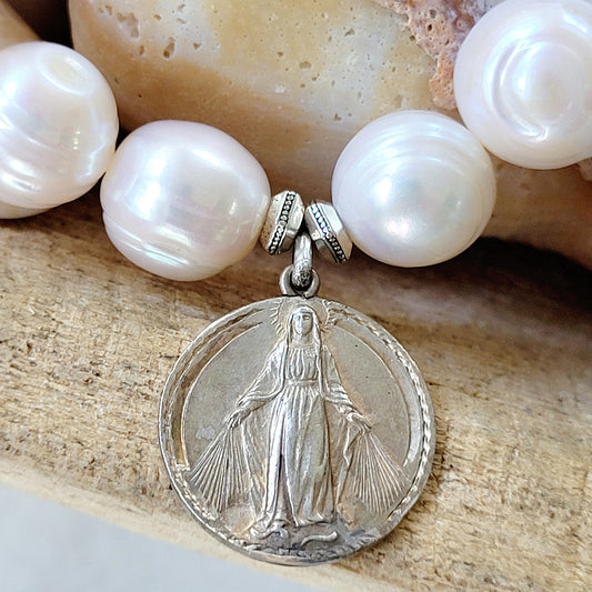 Freshwater Pearl 12mm Beaded Bracelet w/ Miraculous Mary Silver Medal
