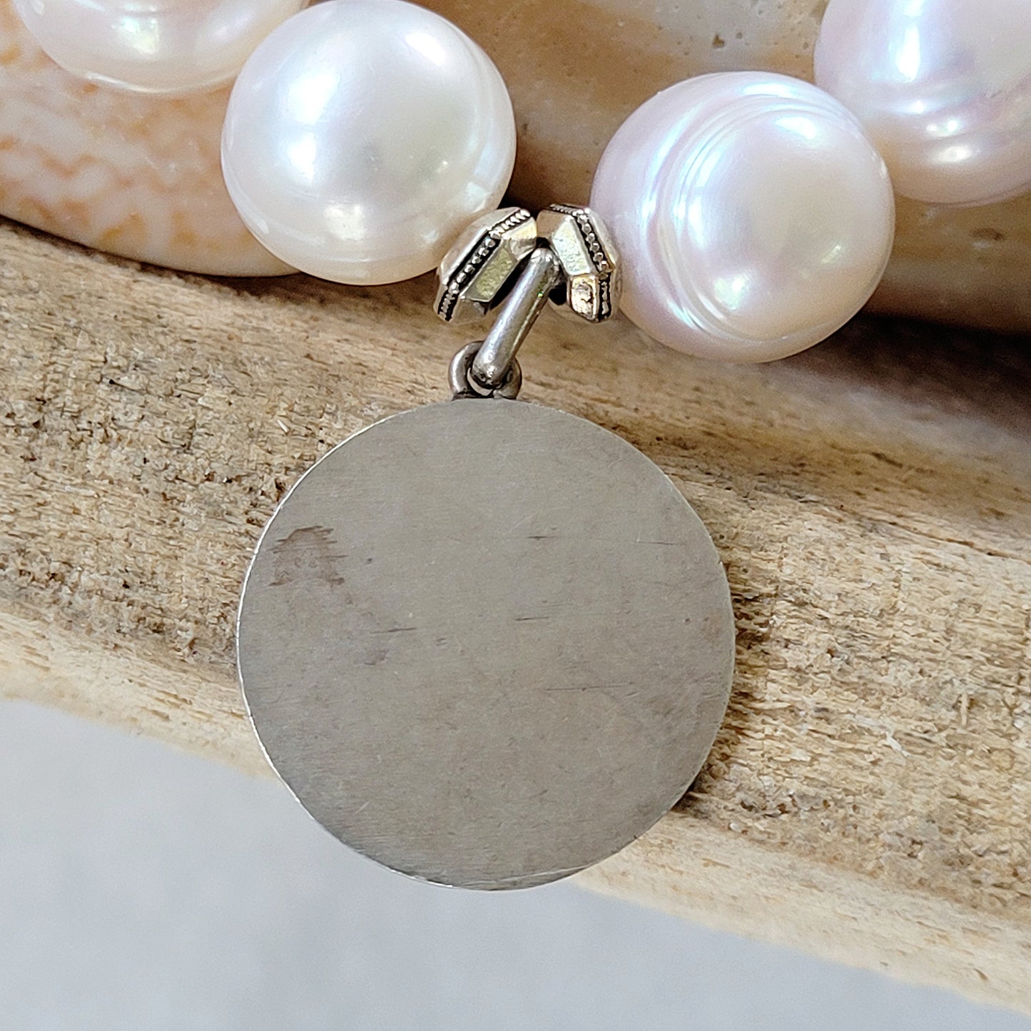 Freshwater Pearl 12mm Beaded Bracelet w/ Miraculous Mary Silver Medal