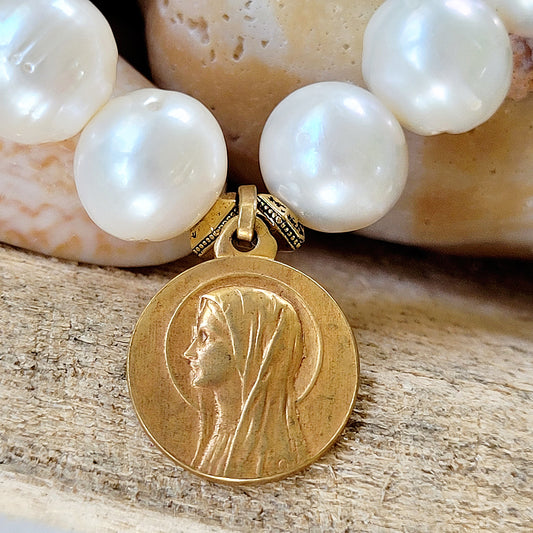 Freshwater Pearl 12mm Beaded Bracelet w/ Our Lady of Lourdes Gold-plated Medal