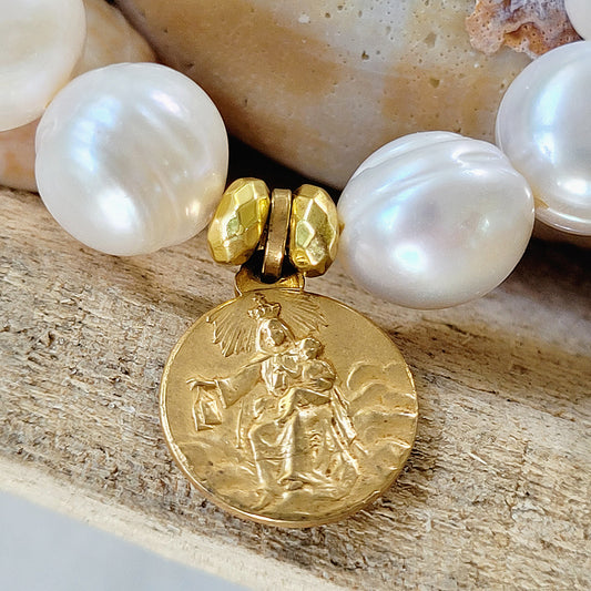 Freshwater Pearl 12mm Beaded Bracelet w/ Our Lady of Mt. Carmel + Sacred Heart of Jesus Gold-plated Medal