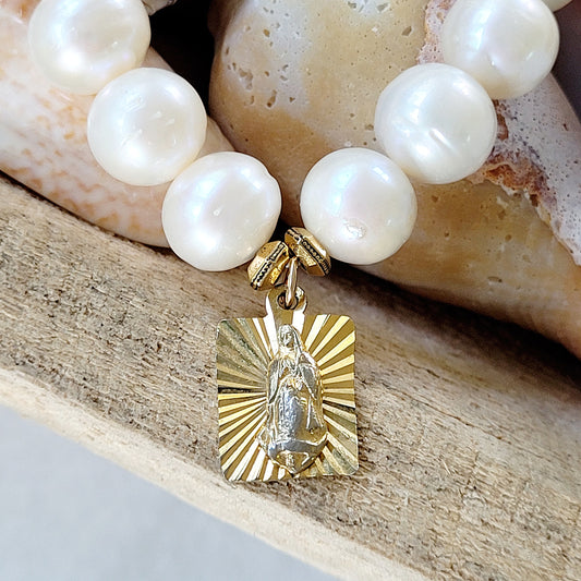 Freshwater Pearl 12mm Beaded Bracelet w/ Our Lady of Guadalupe Gold-plated Medal