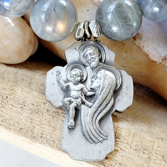 Labradorite Beaded 14mm Bracelet w/ Holy Family 7 Years Indulgence Silver Medal Cross