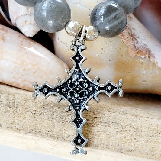Labradorite Beaded 14mm Bracelet w/ Silver Filigree Intricate Cross - Afterlife Jewelry Designs