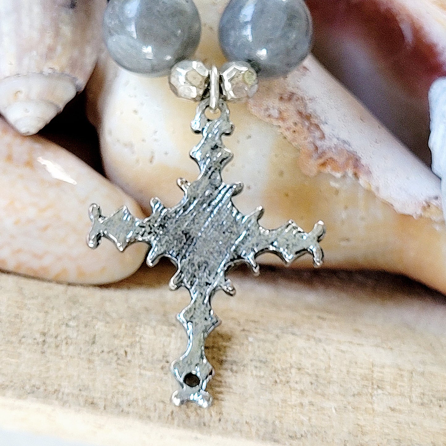 Labradorite Beaded 14mm Bracelet w/ Silver Filigree Intricate Cross - Afterlife Jewelry Designs