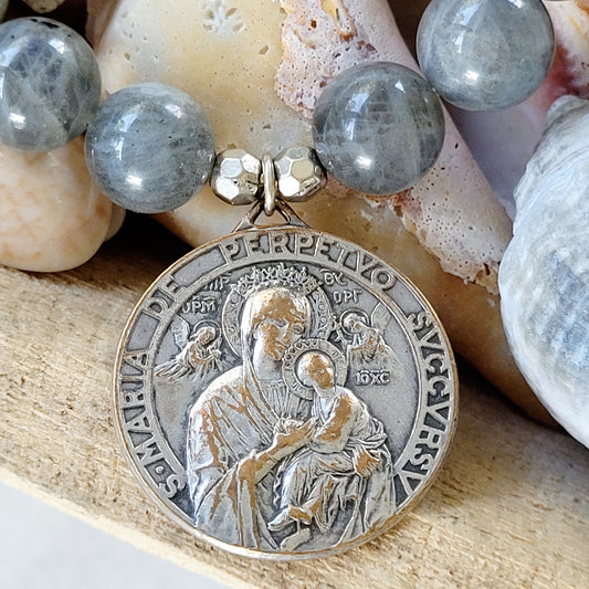 Labradorite Beaded 14mm Bracelet w/ Vintage Our Lady Of Perpetual Help Silver Medal