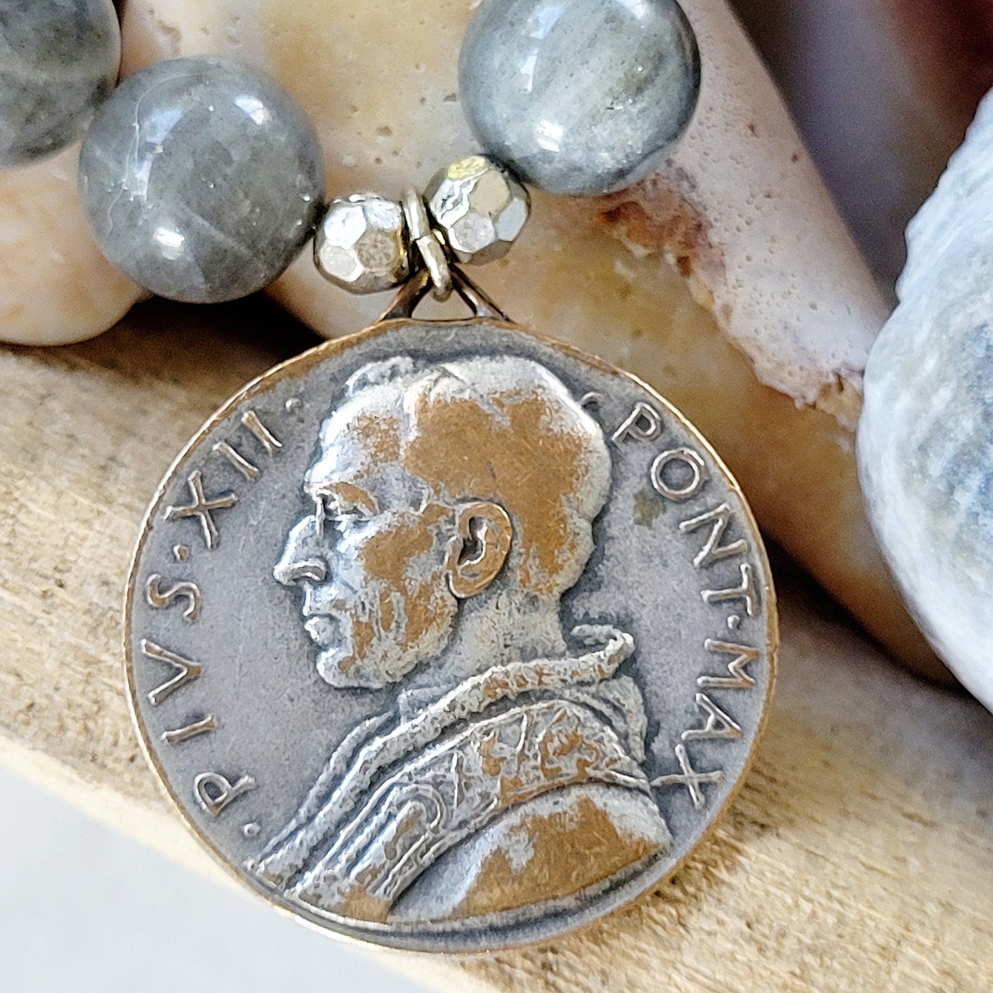 Labradorite Beaded 14mm Bracelet w/ Vintage Our Lady Of Perpetual Help Silver Medal