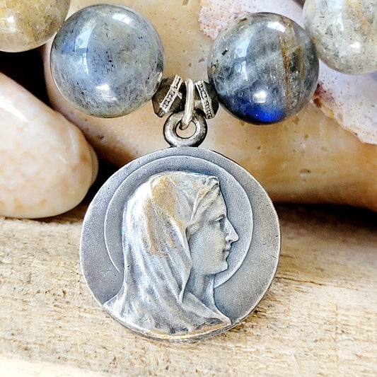 Labradorite Beaded 14mm Bracelet w/ Virgin Mary + City of Avignon France Silver Medal