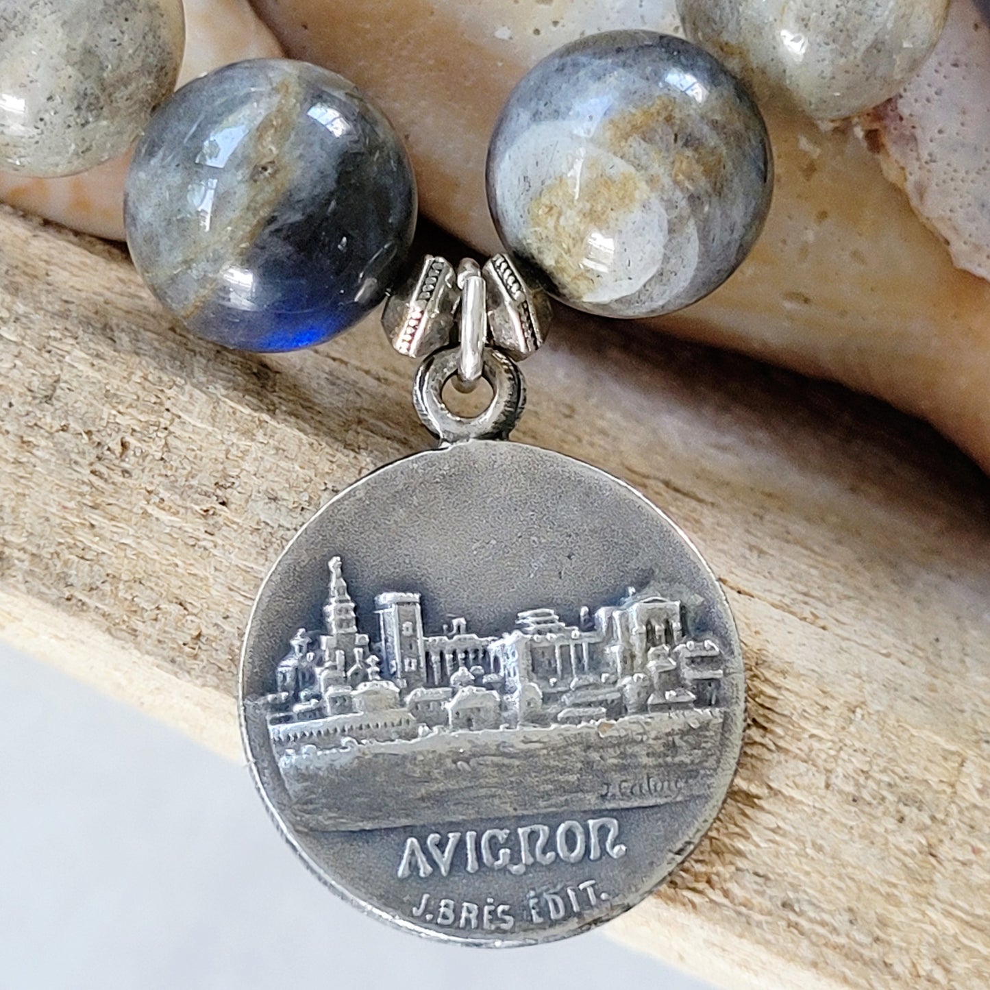 Labradorite Beaded 14mm Bracelet w/ Virgin Mary + City of Avignon France Silver Medal
