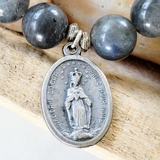 Labradorite Beaded 14mm Bracelet w/ Notre Dame du Cap + Sacred Heart of Jesus Silver Medal