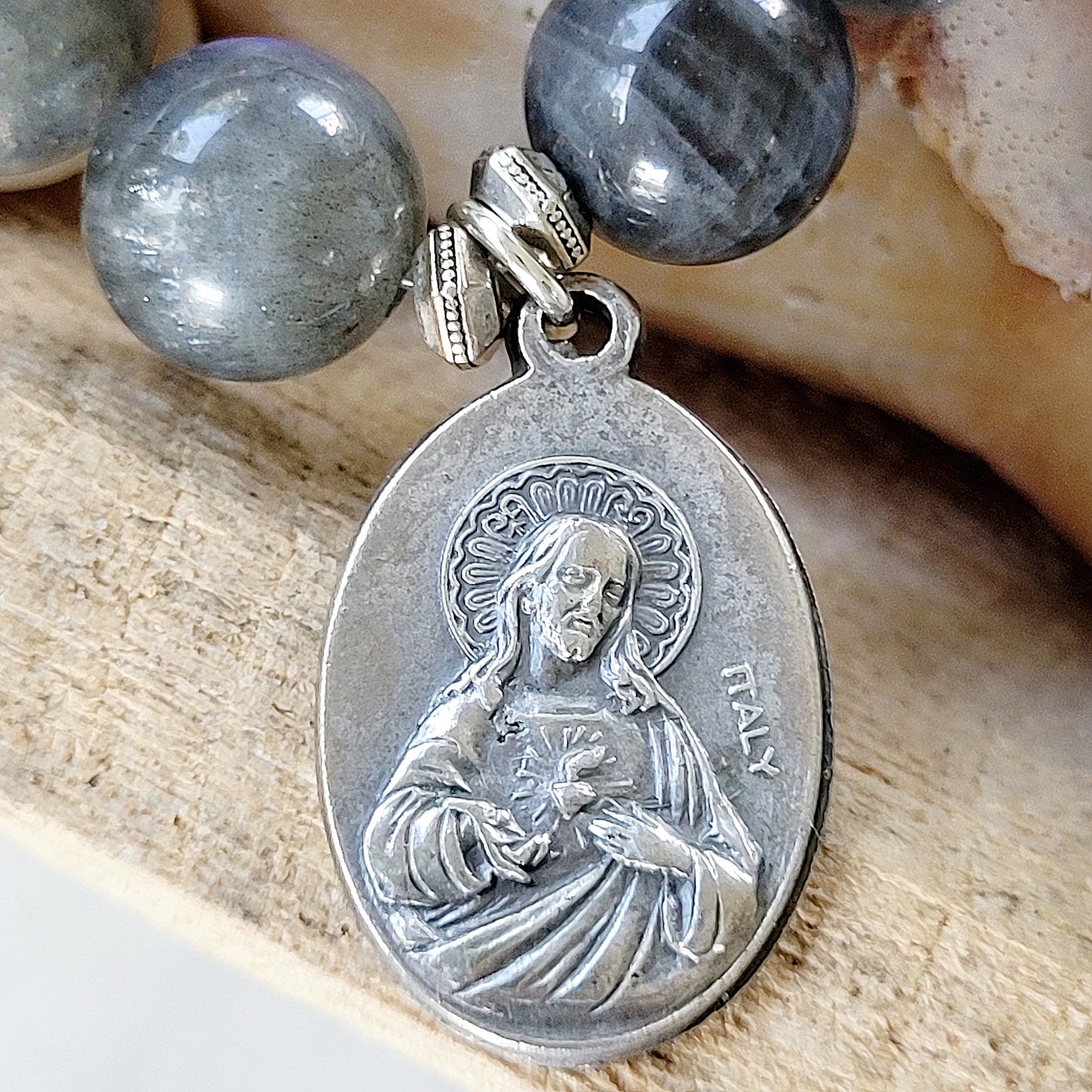 Labradorite Beaded 14mm Bracelet w/ Notre Dame du Cap + Sacred Heart of Jesus Silver Medal
